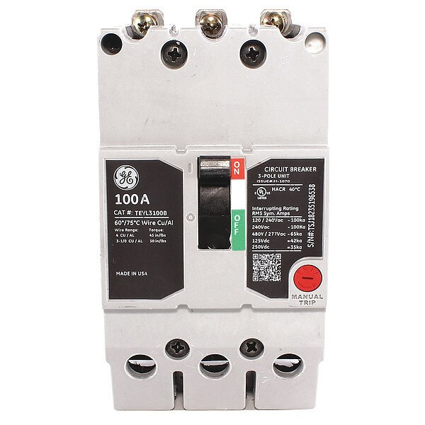 Molded Case Circuit Breaker, 100 A, 277/480V AC, 3 Pole, Bolt On Panelboard Mounting Style