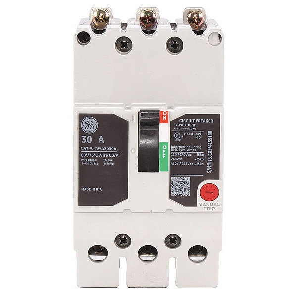 Molded Case Circuit Breaker, 30 A, 277/480V AC, 3 Pole, Bolt On Panelboard Mounting Style