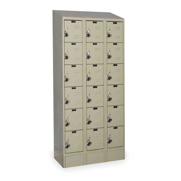 Box Locker, 36 in W, 12 in D, 82 in H, (3) Wide, (18) Openings, Tan