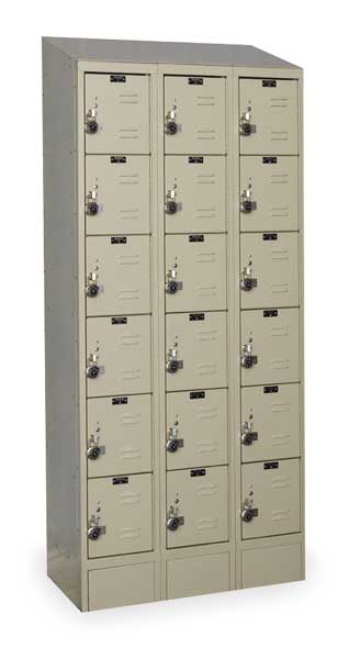 Box Locker, 36 in W, 15 in D, 83 in H, (3) Wide, (18) Openings, Tan