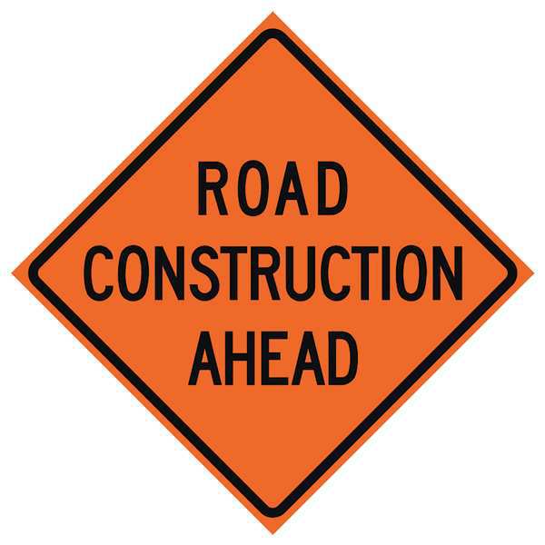 Road Construction Ahead Traffic Sign, 48 in H, 48 in W, Vinyl, Diamond, English, 669-C/48-NRVFO-RA