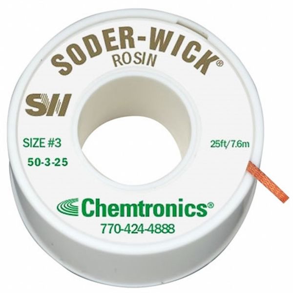 Desoldering Wick, 25 ft., 3, Copper, Rosin