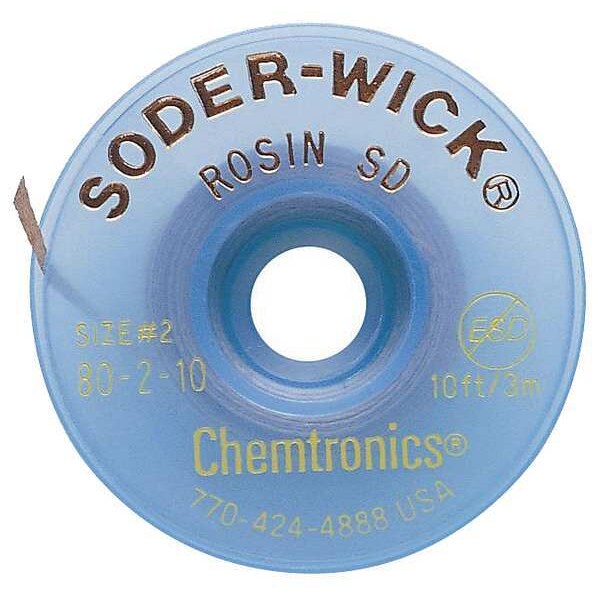 Desoldering Wick, 10 ft., 2, Copper, Rosin