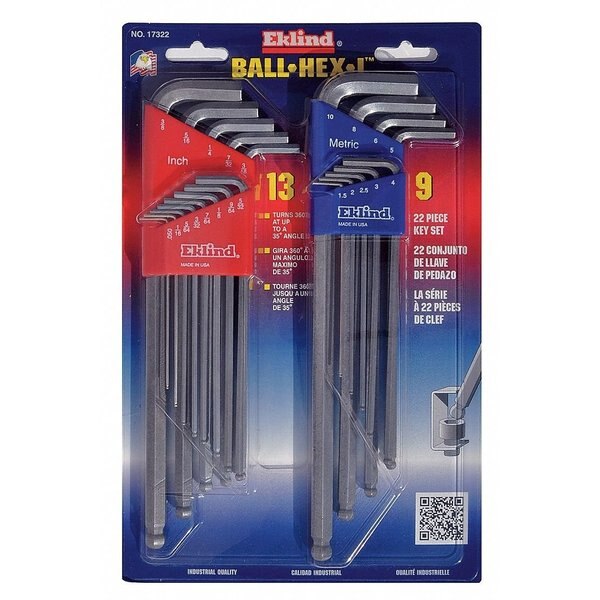 22-Piece Hex Key Set, Combination Ball-Hex-L, Extra Long, Metric and SAE, Plastic Holder, 17322