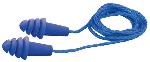 Reusable Corded Ear Plugs, Flanged Shape, 25 dB, 100 Pairs, Blue