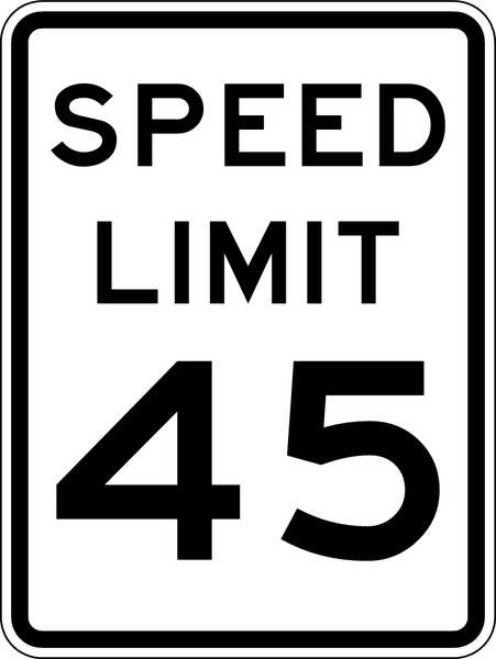 Speed Limit 45 Traffic Sign, 24 in H, 18 in W, Aluminum, Vertical Rectangle, R2-1-45-18HA