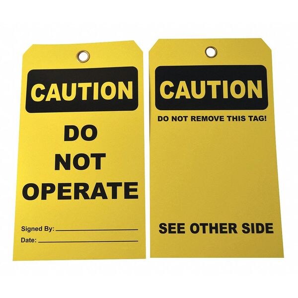 Caut Tag, 7 x 4 In, Bk/Yel, Cardstock, PK25