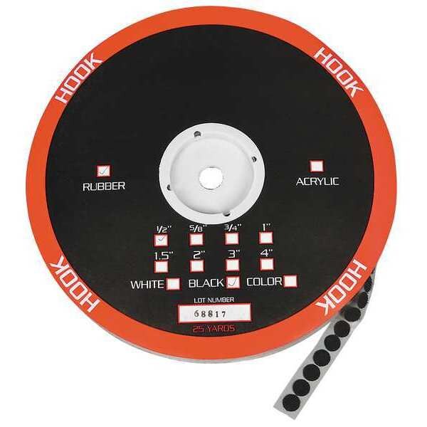 Reclosable Fastener, Disc, Rubber Adhesive, 5/8 in, Black, 1261 PK