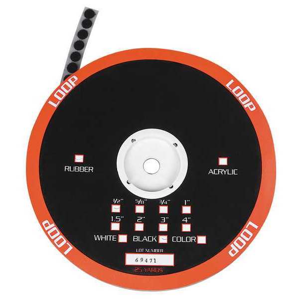 Reclosable Fastener, Disc, Rubber Adhesive, 3/8 in, Black, 1890 PK