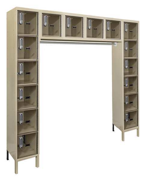 Box Locker Unit with Coat Rod, 72 in W, 18 in D, 78 in H, (6) Tier, (6) Wide, Tan