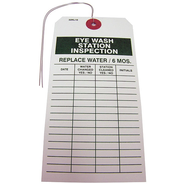 Tag, Eye Wash Station Inspection, 2 7/8 in W x 5 3/4 in H, Paper, White/Green Header, Pack of 25