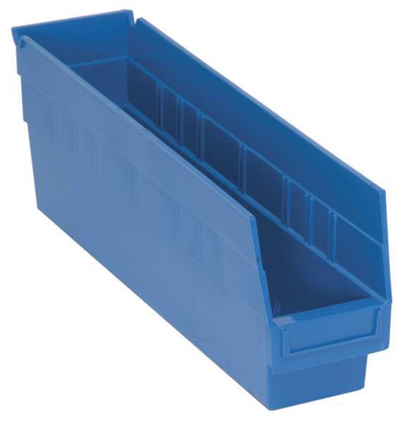 Shelf Storage Bin, Blue, Polypropylene, 17 7/8 in L x 4 3/8 in W x 8 in H, 50 lb Load Capacity