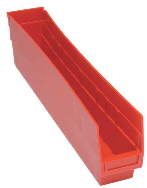 Shelf Storage Bin, Red, Polypropylene, 23 5/8 in L x 4 3/8 in W x 8 in H, 60 lb Load Capacity