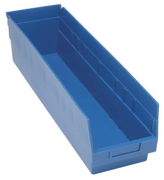 Shelf Storage Bin, Blue, Polypropylene, 23 5/8 in L x 6 5/8 in W x 8 in H, 60 lb Load Capacity