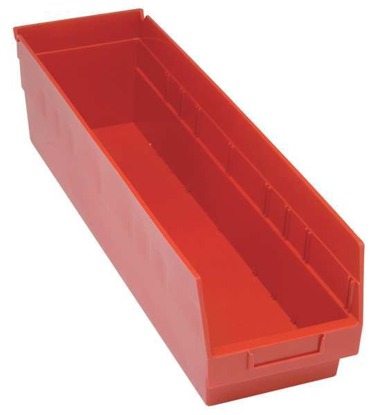 Shelf Storage Bin, Red, Polypropylene, 23 5/8 in L x 6 5/8 in W x 8 in H, 60 lb Load Capacity