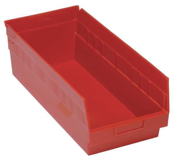 Shelf Storage Bin, Red, Polypropylene, 17 7/8 in L x 8 3/8 in W x 8 in H, 60 lb Load Capacity