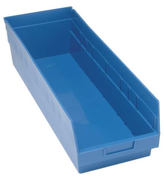 Shelf Storage Bin, Blue, Polypropylene, 23 5/8 in L x 8 3/8 in W x 8 in H, 75 lb Load Capacity