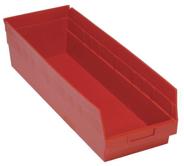 Shelf Storage Bin, Red, Polypropylene, 23 5/8 in L x 8 3/8 in W x 8 in H, 75 lb Load Capacity