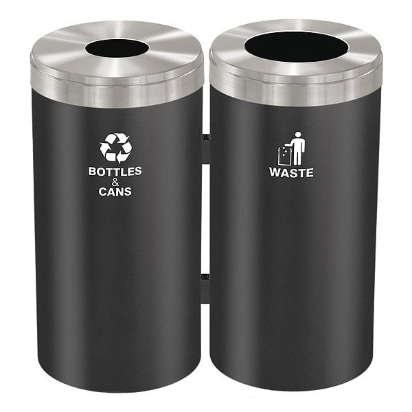 46 gal Round Recycling Bin, Open Top, Satin Black/Satin Aluminum, Steel, 2 Openings
