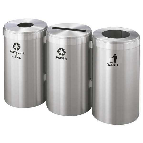 69 gal Round Recycling Bin, Open Top, Satin Aluminum, Aluminum, 3 Openings
