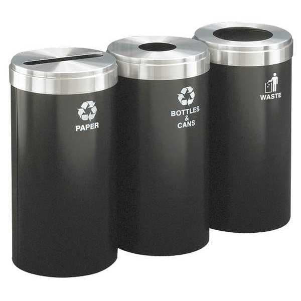 69 gal Round Recycling Bin, Open Top, Satin Black/Satin Aluminum, Steel, 3 Openings