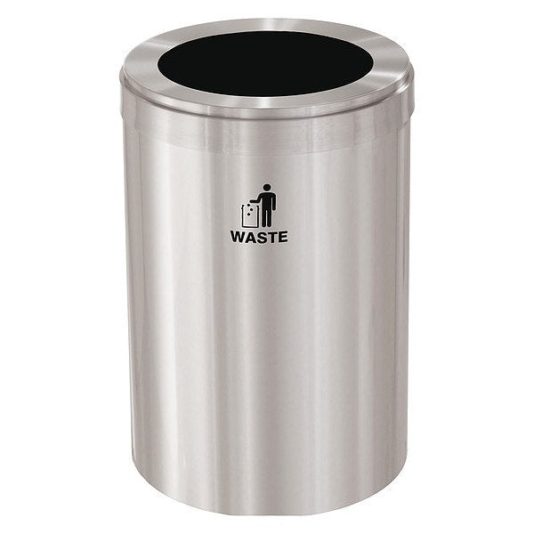 41 gal Round Recycling Bin, Funnel Top, Satin Aluminum, Aluminum, 1 Openings