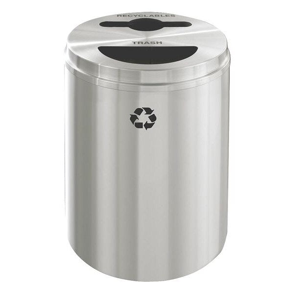 33 gal Round Recycling Bin, Open Top, Satin Aluminum, Aluminum, 2 Openings