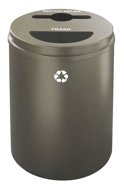33 gal Round Recycling Bin, Open Top, Bronze Vein, Steel, 2 Openings