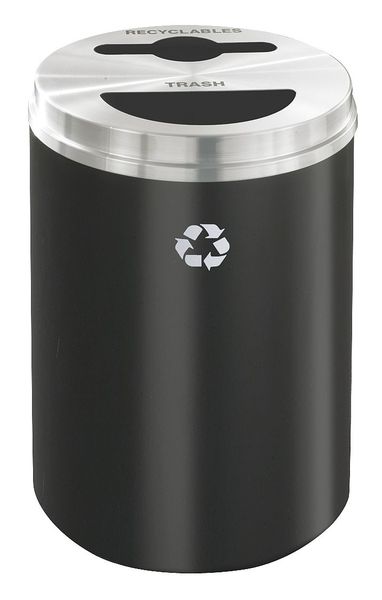 33 gal Round Recycling Bin, Open Top, Satin Black/Satin Aluminum, Steel, 2 Openings