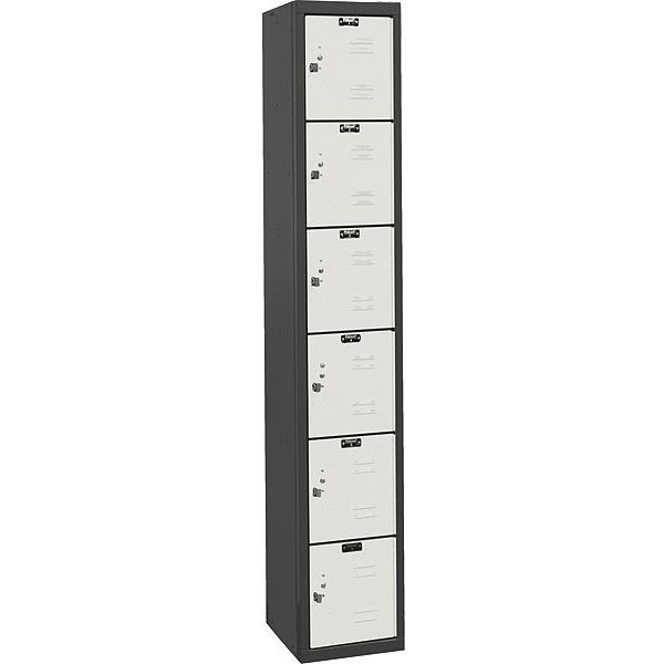 Box Locker, 12 in W, 18 in D, 72 in H, (1) Wide, (6) Tier, Light Gray/Black