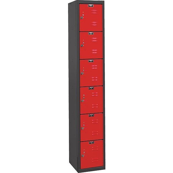 Box Locker, 12 in W, 18 in D, 72 in H, (1) Wide, (6) Tier, Red/Black