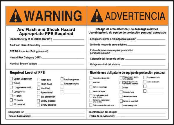 Arc Flash Label, 7 in Height, 10 in Width, Vinyl, Vertical Rectangle, English, Spanish
