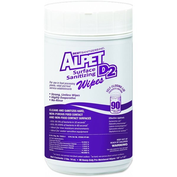 Alpet D2 Sanitizing Wipes, Canister, 10 in x 7 1/2 in, Unscented, 90 Wipes, 6 Pack