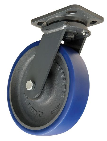 Plate Caster, Swivel, Poly, 8 in., 1200 lb., Blu