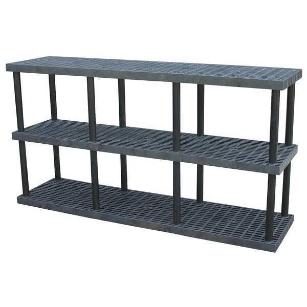 Freestanding Plastic Shelving Unit, Open Style, 24 in D, 96 in W, 51 in H, 3 Shelves, Black