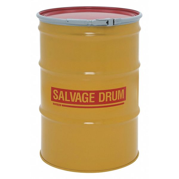 Open Head Salvage Drum, Steel, 55 gal, Unlined, Yellow