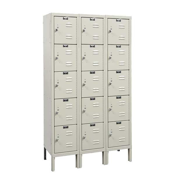 Box Locker, 36 in W, 15 in D, 66 in H, (3) Wide, (15) Openings, Tan