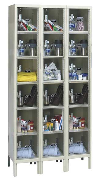 Box Locker, 36 in W, 15 in D, 78 in H, (3) Wide, (18) Openings, Tan