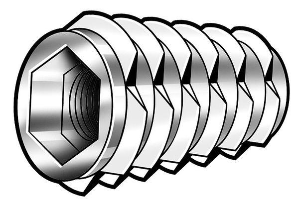 Hex Drive Threaded Insert, M8-1.25 Int Thrd Sz, 33/64 in L, 14.3 mm Dia., Zinc Alloy, Plain, 500 PK
