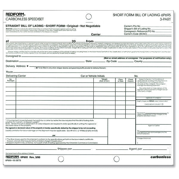 Bill of Lading Form, 3-Part, PK50