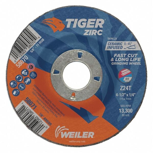 Grinding Wheel, Type 27, 0.25 in Thick, Zirconia Alumina