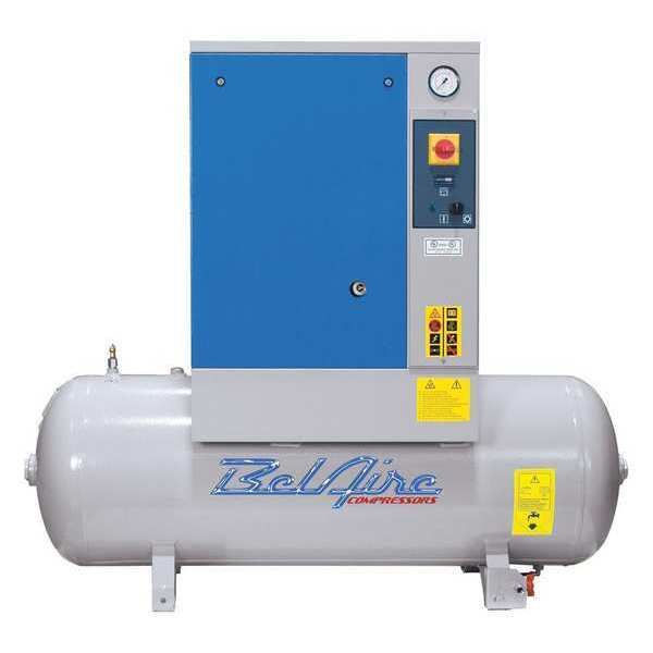 BelAire 7.5 HP 60 Gallon 150 PSI Screw Compressor, 21.2 CFM @ MAX/150 PSI, 208-230/460V 3Ph, 64 dBA
