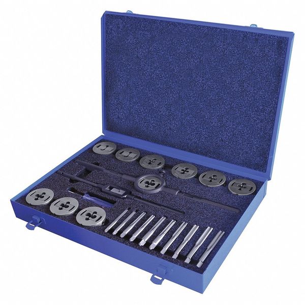 23PC Plug Hand Taps and Two-Piece Dies Set with Collet 7 Sizes, 1/4-20 To 1/2-13 UNC UNF