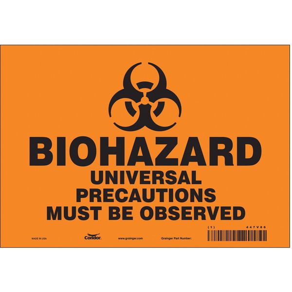 Biohazard Sign, 7 in H, 10 in W, Vinyl, Vertical Rectangle, English, 447V86