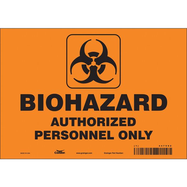 Biohazard Sign, 7 in H, 10 in W, Vinyl, Vertical Rectangle, English, 447V92