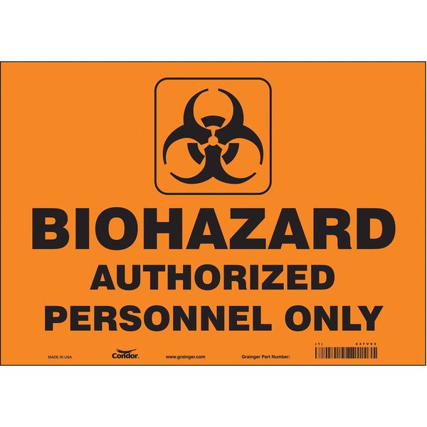 Biohazard Sign, 10 in H, 14 in W, Vinyl, Horizontal Rectangle, English, 447V93