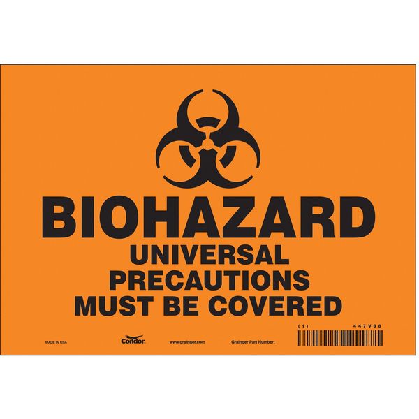 Biohazard Sign, 7 in H, 10 in W, Vinyl, Vertical Rectangle, English, 447V98