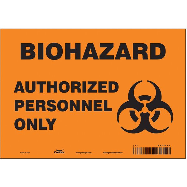 Biohazard Sign, 7 in H, 10 in W, Vinyl, Vertical Rectangle, English, 447V74