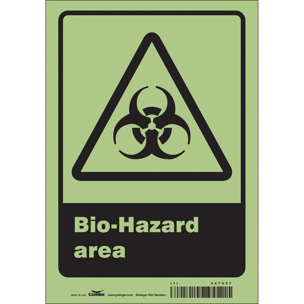 Biohazard Sign, 10 in Height, 7 in Width, Glow Vinyl, Horizontal Rectangle, English