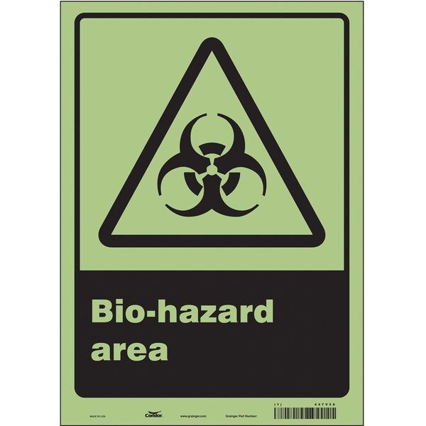 Biohazard Sign, 14 in Height, 10 in Width, Glow Vinyl, Vertical Rectangle, English